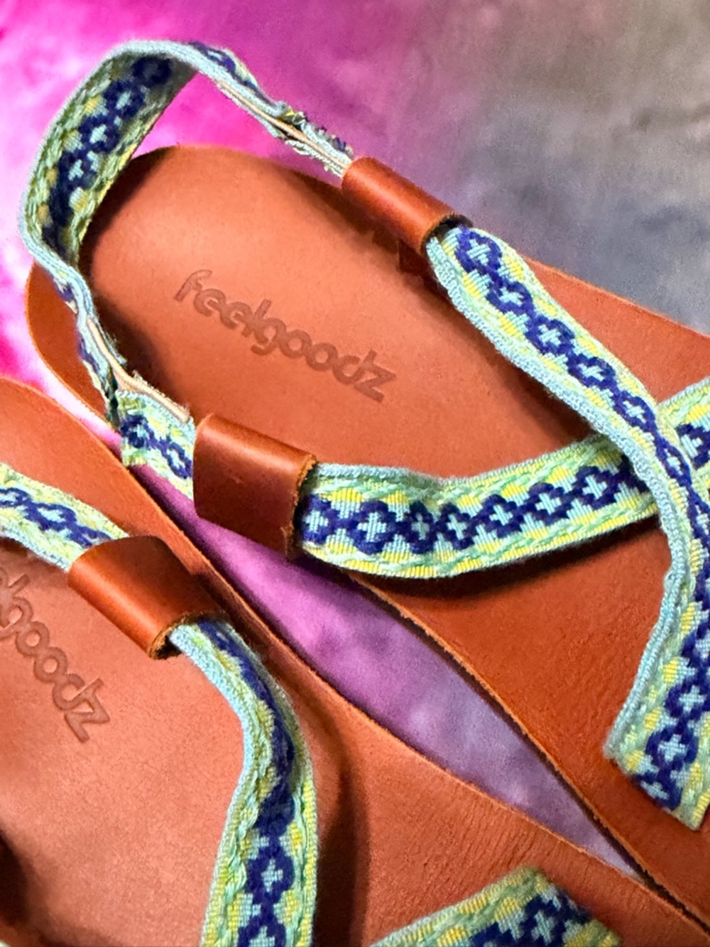 Zodiac-Inspired Brown Leather Sandals with Blue and Yellow Straps by FeelGoodz - Picture 4 of 8